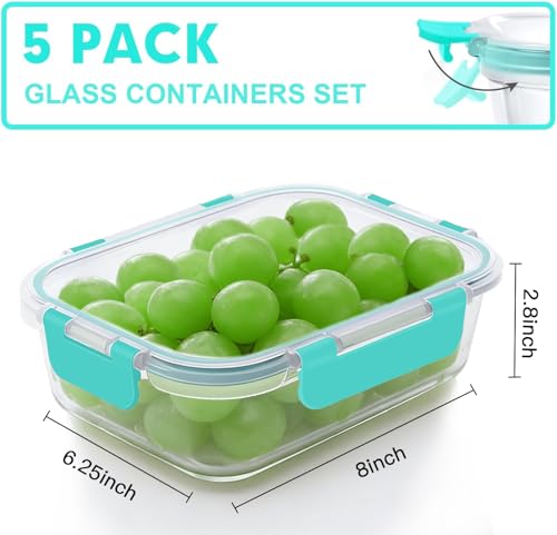 VERONES 5 Pack 36 OZ Glass Meal Prep Containers, Airtight Glass Lunch Containers Set, Glass Food Storage Containers with Lids,Exclusive of BPA, for Microwave, Oven, Freezer & Dishwasher Friendly,Green - color: Green