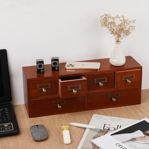Apothecary Drawers Wooden Storage Box with 6 Drawers Vintage Countertop Wooden Drawers Apothecary Cabinet Library Card Catalog Cabinet （BROWN） - color: BROWN06