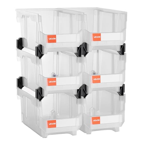 VEVOR Plastic Stackable Storage Bins, 14.8 x 8.5 x 7.1 inch (6 Pack), Plastic Containers for Organizing & Storage Bins for Closet, Garage, Small Parts, Office Supplies, Other Accessories, Transparent - color: Clear, size: 14L