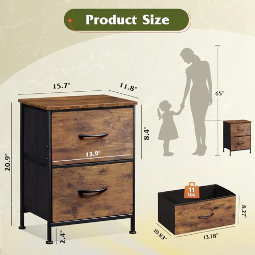 WLIVE Night Stand Set of 2, Small Dresser with 2 Drawers & Wooden Top, Nightstand with Fabric Bins, Bedside Table End Table for Bedroom, Closet, Entryway, College Dorm, Rustic Brown - color: Rustic Brown (Set of 2), size: 11.8"D x 15.7"W x 20.9"H