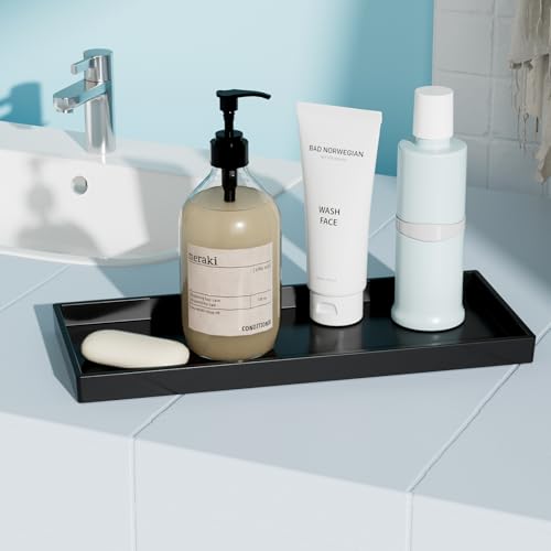 Vanity and Bathroom Tray, 11.8" ABS Countertop Organizer,Waterproof Vanity Tray for Toilet Tank,Perfume,Soap,Keys,Bathroom Accessories,Kitchen and Bath Trays,Non Slip Small Trays,Black - color: Black, size: 11.8" x 5" x 0.7"