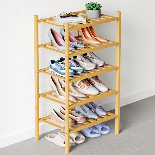 Smiry Bamboo Shoe Rack for Closet, 5 Tier Small Wooden Stackable Shoe Organizer, Free Standing Shoes Storage Shelf for Entryway, Front Door Entrance, Natural - color: Natural, size: 5 Tier - Small