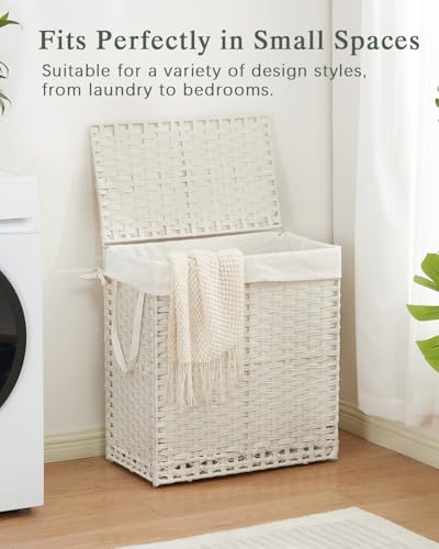 SETVSON Laundry Hamper with Lid Wicker Laundry Basket 112 L (29.6 Gal) Laundry Hampers Handwoven Rattan Clothes Hamper with Handles 3 Removable Liner Bag, 6 Mesh Bags for Bathroom Bedroom White - color: White, size: 29.6 Gal