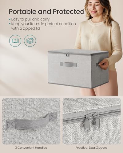 SONGMICS Foldable Storage Organizer Boxes, Set of 3 Storage Basket Bins with Lids, Handles, Clothes Organizer, 15.7 x 11.8 x 9.8 Inches, Non-Woven Fabric, Dove Gray URZB003W01 - color: Dove Gray, size: 3 Pack (15.7''L x 11.8''W x 9.8''H)