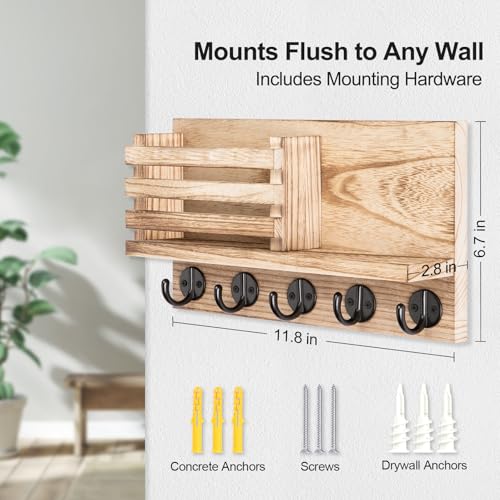 Lwenki Key Holder for Wall – Decorative Wooden Mail Holder and Key Shelf with Mounting Hardware, Installation Guide – Paulownia Wood with Metal Key Hooks (Wood, Large - 11.8inch) - color: Wood, size: Large - 11.8inch