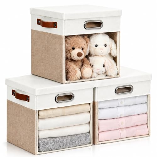 Ultra Thick Fabric Storage Cubes with Lids & Windows, 11-Inch Foldable Closet Storage Bins with 3 Handles, Home Decorative Boxes for Bedroom, Living Room, Dorm, Office (Beige & White) - color: Beige&White, size: 11"L x 11"W x 11"H