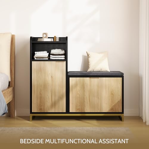L-Shaped Shoe Storage Bench with Cushioned Seat & 2 Flip Drawer, 39'' Entryway Bench with Wave Door & Adjustable Shelves, Farmhouse Bench Cabinet for Entryway, Hallway (Natural & Black) - color: Natural & Black, size: 39" Inch
