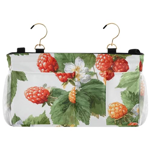 Bedside Caddy Metal Frame Hanging Organizer Bunk Bed Dorm Accessories Hook And Loop Storage Bag Large Pockets Cute Red Orange Raspberry Leaves - color: Cute Red Orange Raspberry Leaves
