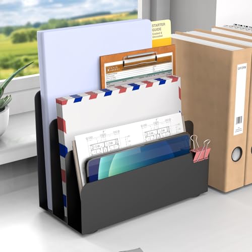 Mail Organizer Countertop, Small Desk File Organizer, Metal File Holder - Essential Workspace Organizers for Office Desk, Home Office (Black) - color: Black