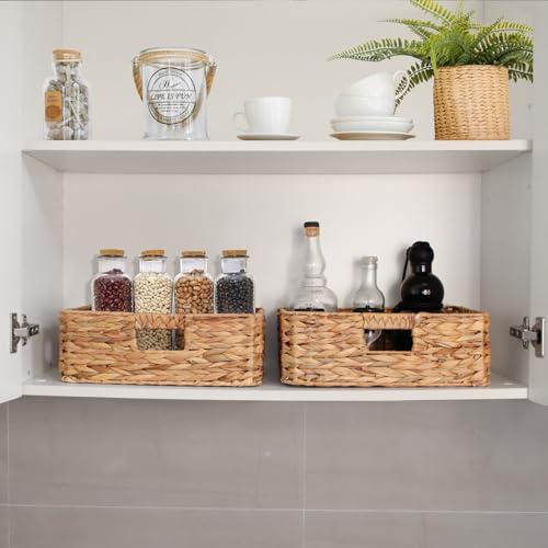 Rectangular Water Hyacinth Storage Baskets, Wicker Storage Baskets for Shelves, Square Shallow Basket, Woven Drawer Basket With Handle, 13” L x 10.6” W x 4.5” H - size: Medium - 13 in ×10.6 in × 4.5 in