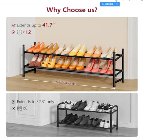 Tajsoon Expandable Shoe Rack for Closet 2 Tier, 28“-41“ Adjustable & Stackable Shoe Shelf Storage, Metal Shoe Rack Organizer for Front Door Entrance, Closet, Garage, Entryway, Black - color: Black, size: 2 Tier