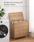SETVSON Laundry Hamper with Lid 132 L, (35 Gallons) Clothes Hamper with Lid, Handwoven Rattan Laundry Hamper with Metal Heightened Feet, Laundry Hampers with 3 Removable Liner Bags for Laundry-Natural - color: Natural, size: 132 L - 35 gal