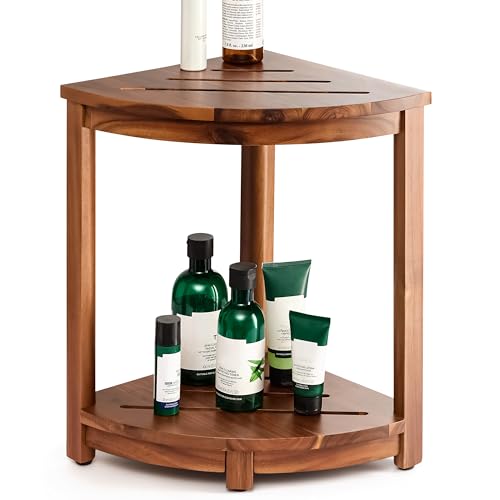 HOLANA 18" Wood Corner Shower Bench & Corner Shower Stool with Storage Shelf - Footrest for Shaving Legs - Bath Step for Small Spaces - Perfect for Indoor or Outdoor (Acacia) - color: Acacia