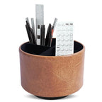 Hennaja Round Leather Art Supply Organizer,Remote Control Holder,360 Degree Spinning,Multi-Functional Pencil Holder,4 Compartments Desktop Stationary Organizer(1-Crazy Brown) - color: 1-Crazy Brown
