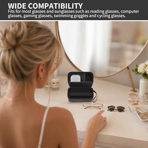 GWCASE Travel Glasses Organizer & Contact Lens Case - Adjustable Slots, Built-in Mirror, Tweezers, Solution Bottle & Hand Strap, Universal Fits Eyelasses/Sunglasses for Men & Women – Black - color: Black