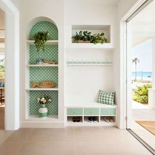 SKOLOO Coastal Wall Mounted Coat Rack - 38-1/8" Beach House Entryway Wooden Coat Hook with 10 Hooks for Hanging Coats, Hats or Towels, Oceanfront Cottage Core Collection, White & Green - color: Green & White Plates & White Hook, size: 1 Item-10 Hooks
