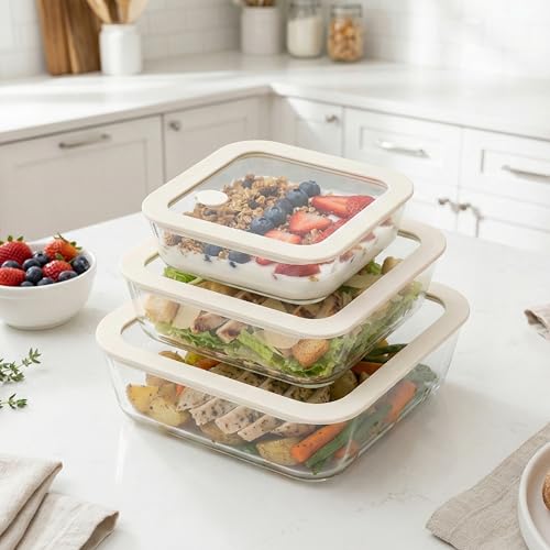 Urban Green Glass Food Container Set with Glass Lid, 3 Pack, Meal Prep Containers with Silicone Framed Airtight Lid, Leakproof, 100% Plastic Free, - color: White Sand-SQ