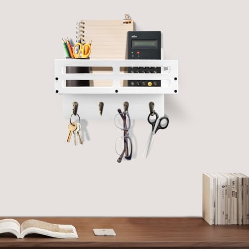 Key Holder Wall Mount Farmhouse Key Hooks for Wall with Mail Organizer Decorative Key Rack with 4 Sturdy Hooks for Dog Leash, Sunglasses, Rustic, Paulownia Key Hanger for Entryway - color: White, size: 10.2IN