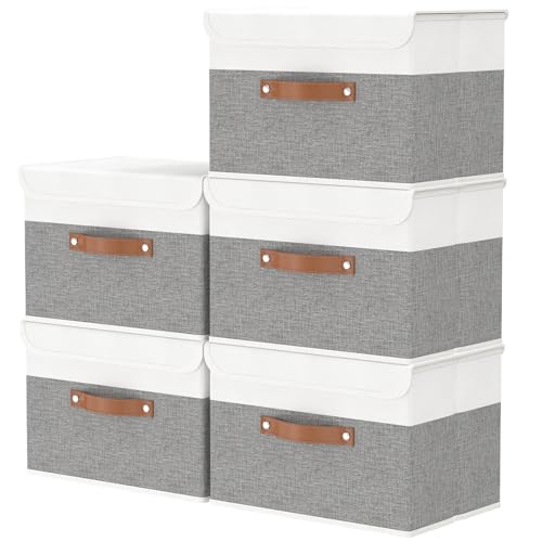 OUTBROS Storage Box with Lid Large, Linen Fabric Wardrobe Containers, Collapsible Organiser For Towels, Clothes, 17.7 x 11.8 x 11.8 inch (White/Grey, 5-Pack) - color: White/Grey, size: 17.7x11.8x11.8in(5-pack)