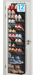 Soarine 12 Tier Over the Door Shoe Organizer for Closet, Holds 24 Pairs Hanging Shoe Rack for Door with Mesh Pockets, Narrow Shoe Holder Hanger for Sneakers, Boots (Black)