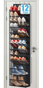Soarine 12 Tier Over the Door Shoe Organizer for Closet, Holds 24 Pairs Hanging Shoe Rack for Door with Mesh Pockets, Narrow Shoe Holder Hanger for Sneakers, Boots (Black)