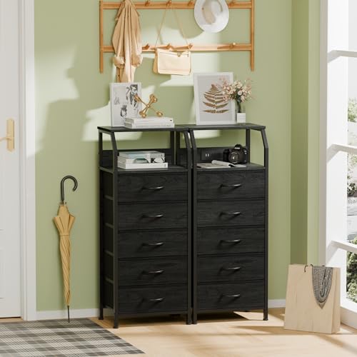 Furnulem 5 Drawers Dresser with Charging Station, Fabric Chest of Drawers with Open Shelf, Tall Night Stand, Bedside Table for Closet, Entryway, Bedroom Furniture, 3 Ways to Use, Black Oak - color: Black Oak, size: 5 Drawer