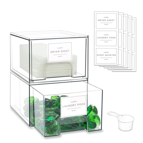 4 Pack Laundry Room Organization Storage Drawers with Labels, Clear Stackable Dryer Sheet Holder and Pod Containers, Detergent Dispenser for Laundry Room Organizing and Decor