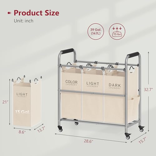 Tajsoon 3 Bag Laundry Sorter Cart, Laundry Hamper Sorter Basket with Heavy Duty Lockable Rolling Wheels for Clothes Storage, Beige - color: Beige, size: 3 Bag