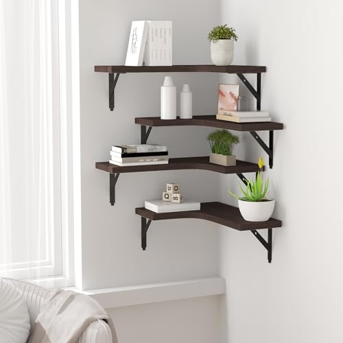 ROMGUAR CRAFT Corner Floating Shelves Wall Mounted Set of 4, Rustic Wood Storage Display Shelves for Home Decor, Bathroom, Kitchen, Bedroom, Living Room, Office (Brown) - color: Brown