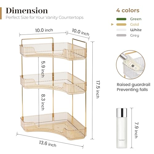 Aveniee Corner Bathroom Counter Organizer, Bathroom Countertop Shelf Makeup Organizer for Vanity Perfume Tray for Corner Storage (3 Tiers, Gold) - color: Amber Gold, size: 3 Tier