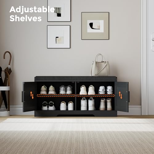 Homleke 2-Tier Storage Bench, Shoe Bench with Thickened Padded Seat Cushion, Entryway Bench with 2 Doors, Adjustable Shelf, 13.8" D x 37.4" W x 18.5" H, for Entryway, Living Room, Bedroom, Black - color: Black, size: 37.4"