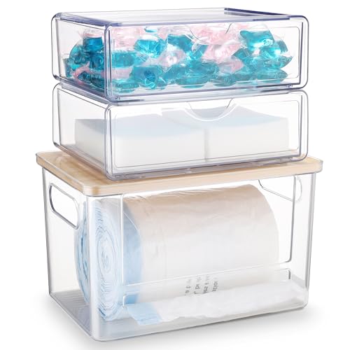 3Pcs Extra Large Laundry Room Organization and Storage, Stackable Storage Drawers, Trash Bag Holder Under Sink, Garbage Bag Dispenser Roll Holder for Vanity, Bathroom,Cabinet,Desk Organization - color: 3 Pack