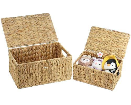 ORDELITE Set of 2 Wicker Basket with Lid, Rectangular Water Hyacinth Storage Baskets for Organizing, Decorative Woven Basket Bins Boxes for Organizing Home - size: 14.2" x 9.4" x 7" + 12.2" x 7.8" x 6"