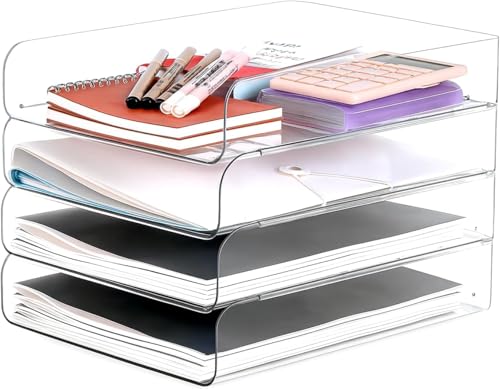LALOBLUE Stackable Letter Tray Desk Organizer, Set of 4 Clear PET Paper & File Organizers, Document Storage for Office Supplies