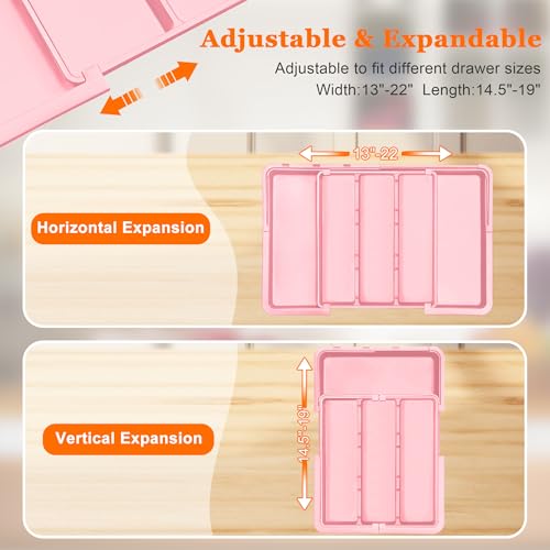 Spaclear Large Utensil Drawer Organizer Expandable Silverware Organizer for Kitchen Drawer Adjustable Cooking Utensil Holder Cutlery Flatware Tray Spatula Tools Gadgets Storage Dividers Plastic Pink - color: Pink