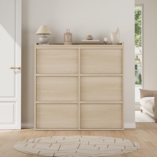 GarveeHome Shoe Cabinet with 6 Flip Drawers, Wooden Shoe Organizer Cabinet with Adjustable Shelf, Shoe Storage for Entryway, Hidden Shoe Cabinet for Hallway, Living Room, Natural Oak - color: Natural Oak, size: 6-Drawers