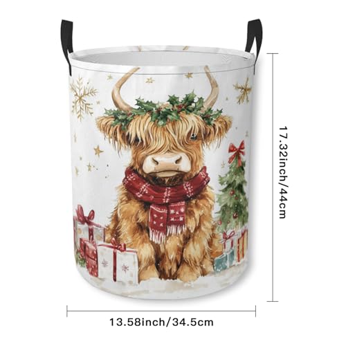 Christmas Highland Cow Laundry Basket Cute Animal Foldable Laundry Hamper with Handles Clothes Storage Bin for Household Bedroom Bathroom Dorms 17.3"x13.6" - color: Christmas Highland Cow
