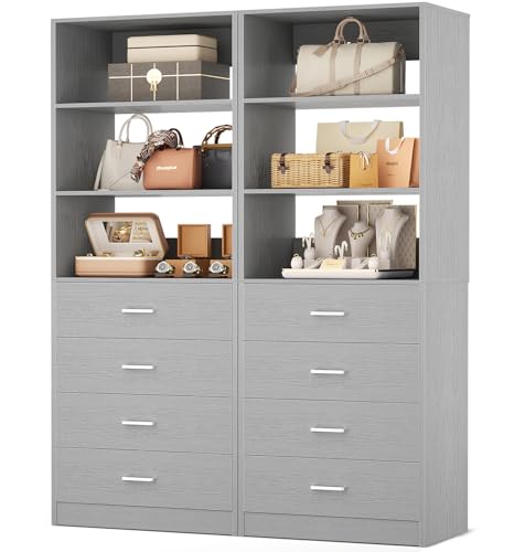 Aheaplus Closet Drawers Organizer System, 42.5Inch Wood Closet System with 4 Drawers, Modular Walk-in Closets Storage Unit, Tall Bookshelf Storage Cabinet, Grey (Set of 2)