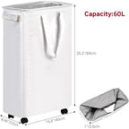 efluky Slim Laundry Hamper with Wheels, Rolling Laundry Basket for Clothes, Small Laundry Basket for Bedroom, Dorm and Laundry Room, 60L (12.7 Gallons) White