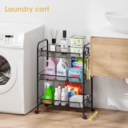 TOOLF 3-Tier Metal Rolling Cart, Mesh Wire Easy Assemble Utility Cart, Storage Trolley on Wheels with 3 Hooks, MetalStorage Shelving Units for Kitchen Bathroom Laundry Room - color: Black, size: 3-Tier