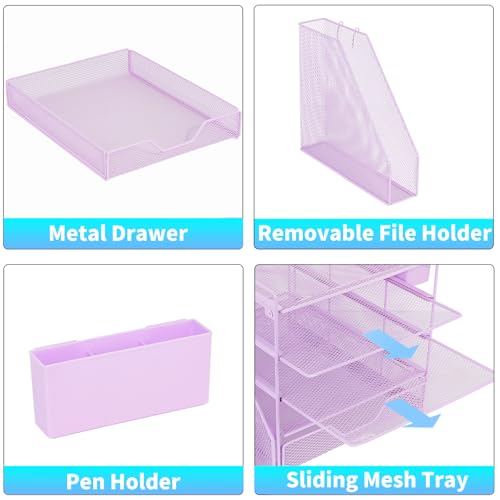 Desk Organizer, 5-Tier Paper Letter Tray Organizer with File Holder, Drawer and Pen Holder, Desktop Organizer for Office Supplies, Purple - color: Purple