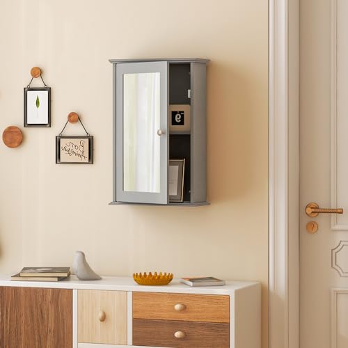 Tangkula Bathroom Medicine Cabinet with Mirror, Wall Mounted Single Mirror Door Storage Cabinet w/Adjustable Shelf, Wall Cabinet w/Reversible Door for Bathroom Living Room Hallway (Grey) - color: Grey