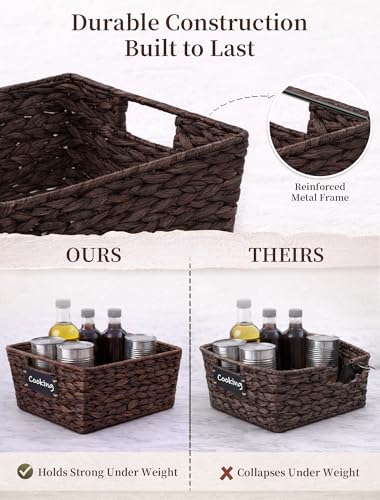 Pantry Organizers and Storage, Water Hyacinth Storage Baskets for Shelves, Brown Baskets for Organizing, Pantry Baskets with Chalkboard Labels and Marker - color: Brown