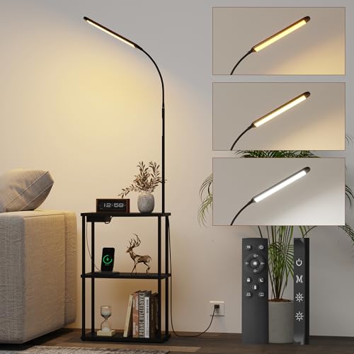 LED Floor Lamp with Table, 15W Bright Reading floor lamp with Remote & Touch Control, Narrow Side Table with USB Charging Station and AC Port, End Table for Bedroom, Living Room and Home Office, Black - color: Matte Black