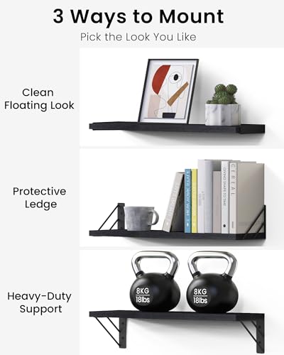 BAYKA Wall Mounted Floating Bathroom Shelves, Wood Wall Shelf for Bathroom Essentials & Decor, Space-Saving Display & Organizer (Black, Set of 4) - color: A. Black Board & Black Brackets, size: 16-inch Mixed