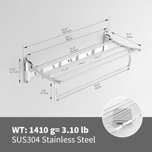 BESy 24 Inch Polished Chrome Towel Racks, Bathroom Towel Shelf with Foldable Towel Bar Holder and Towel Hooks, Wall Mounted Multifunctional Bathroom Accessories, Double Towel Bars - color: Chrome