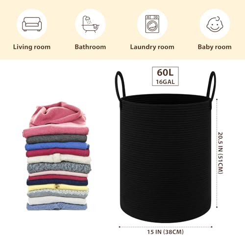 OIAHOMY Large Laundry Basket Hamper - 60L Cotton Rope Woven Basket for Blankets, Toys, Clothes - Tall Decorative Nursery Hamper with Long Handles, Black - color: Black, size: 60L