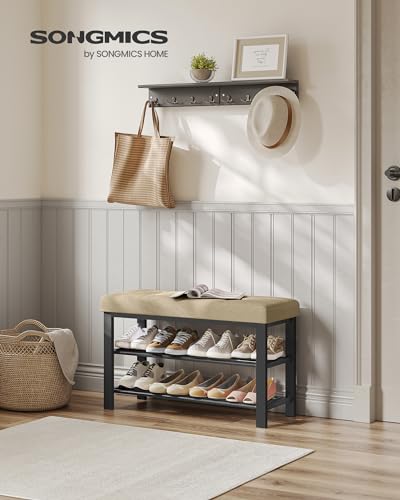 SONGMICS Shoe Bench, Storage Bench, Entryway Bench with Cushion, Shoe Shelf with Seat, Space-Saving, Modern Style, for Living Room, Bedroom, Hallway, Camel Brown and Ink Black ULBS057K01 - color: Camel Brown + Ink Black, size: 31.9"W
