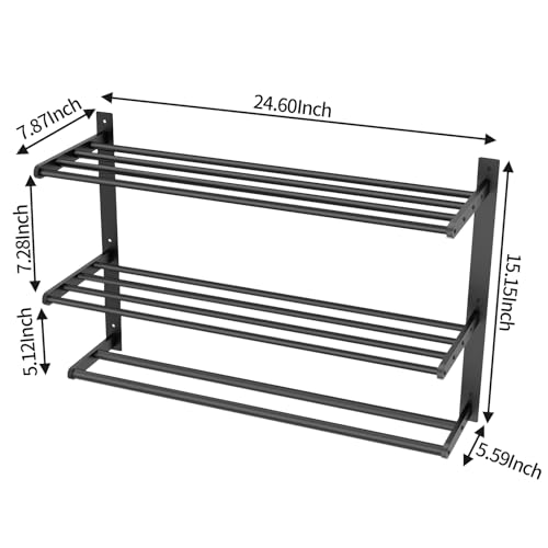 Towel Racks for Bathroom Wall Mounted 24", 3 Tier Bathroom Towel Shelf with Double Towel Bar, Stainless Steel Towel Rack with Towel Shelf, Towel Hanger Holder for Bathroom Towel Storage, Black - color: Matte Black, size: 24IN (2 Bar)