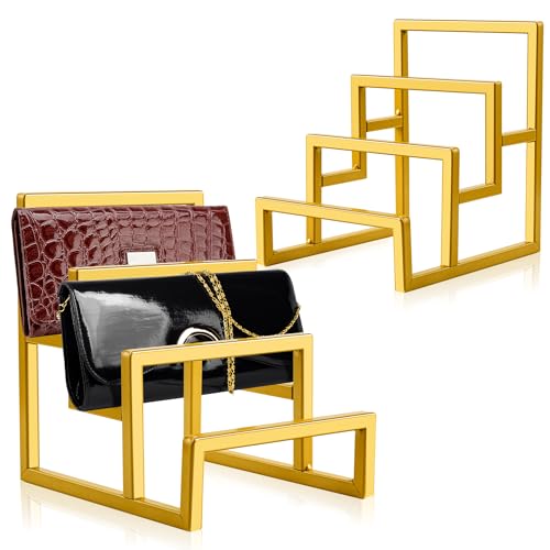 GRETJOB 2 Pack Wallet Display Stand, 3 Layer Metal Gold Purse Display Stand, Wallet & Purse Display Rack, Purse Organizer for Closet Handbag Purse Home Retail Store Boutique Supplies (Gold, 2 Pack)